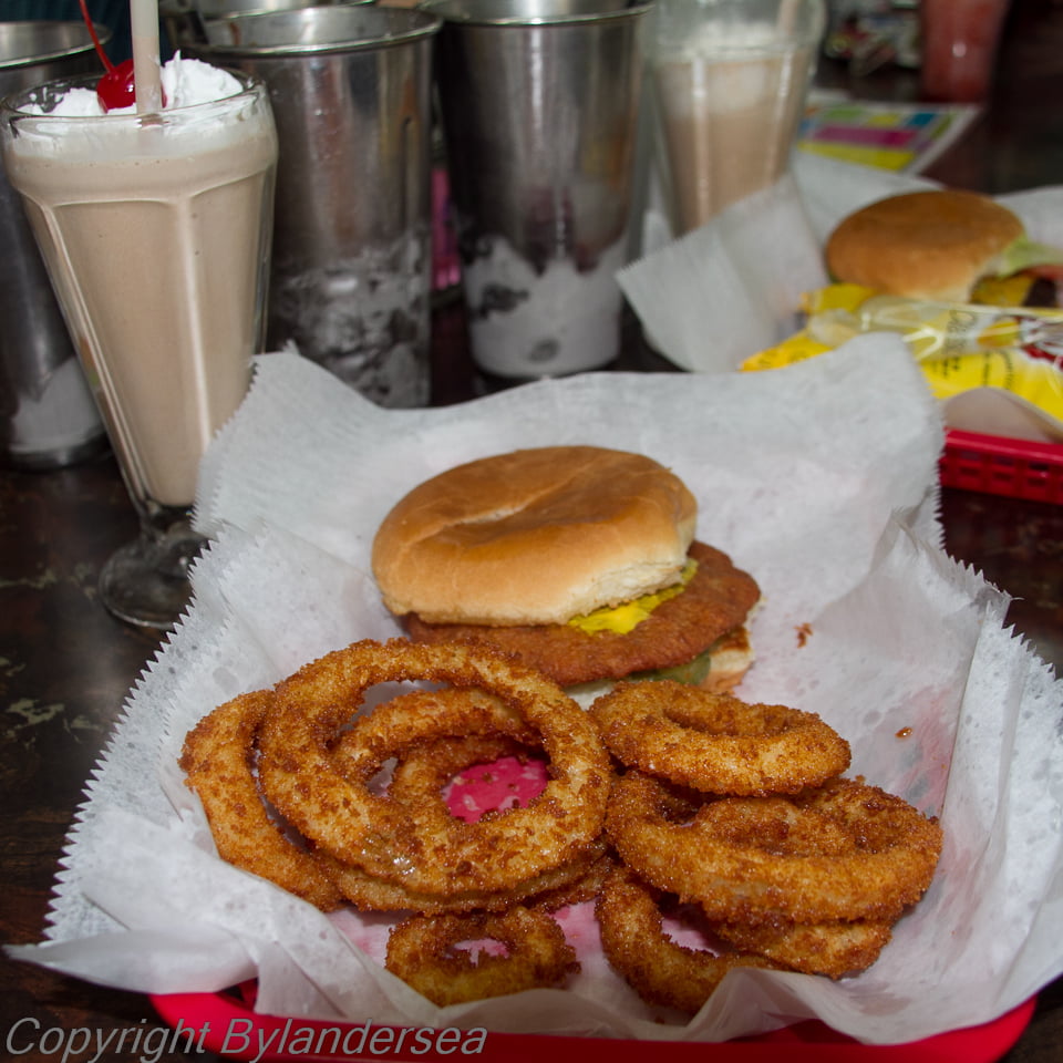 A Slugburger, onion rings and shake